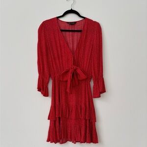 Kivari Red Long Sleeve Flirty Sun Dress with Tie Front